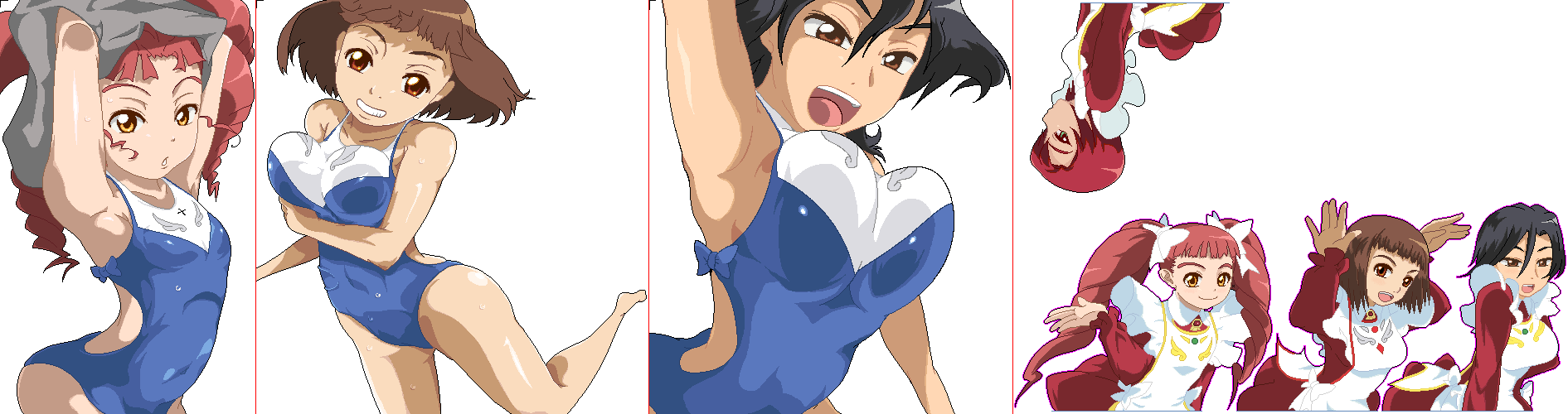 akane soir, chie hallard, juliet nao zhang, shiho huit, my-otome, highres, long image, wide image, 00s, oekaki, one-piece swimsuit, swimsuit