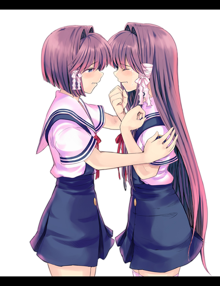 kitagawa unagi, fujibayashi kyou, fujibayashi ryou, clannad, bad id, bad pixiv id, 00s, 2girls, blush, letterboxed, multiple girls, sad, school uniform, serafuku, siblings, sisters, skirt, standing, tears, thighhighs, thighs, twins, white background