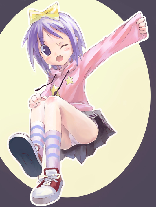 saeki nao, hiiragi tsukasa, lucky star, bad id, bad pixiv id, 00s, one eye closed, panties, pantyshot, solo, underwear, wink