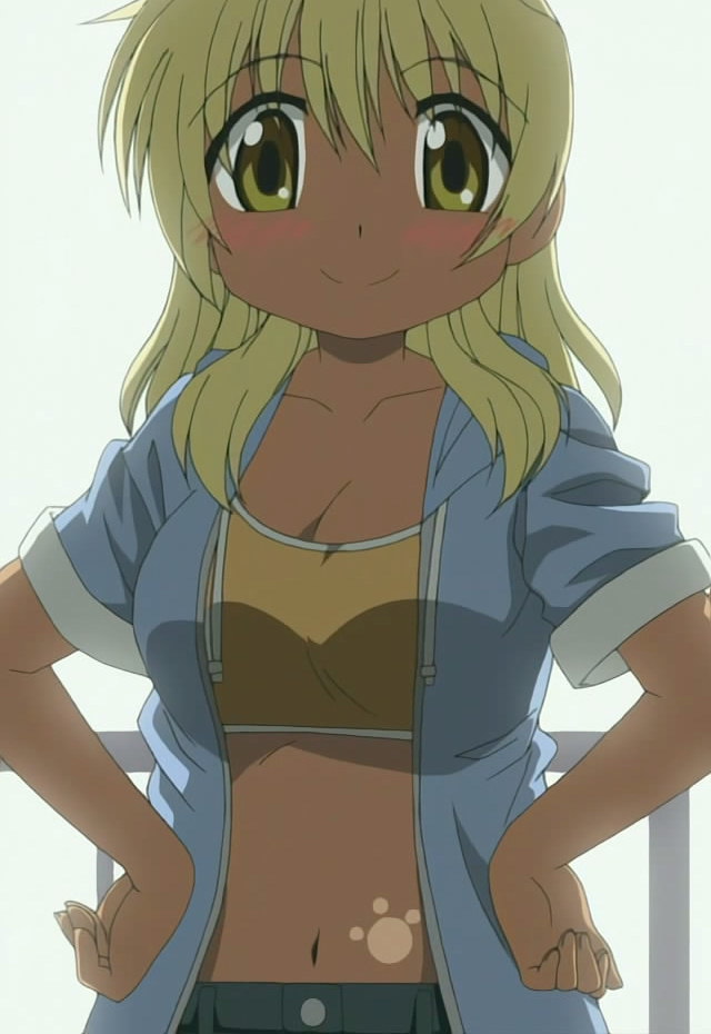 miyako (hidamari sketch), hidamari sketch, anime screenshot, stitched, third-party edit, 00s, 1girl, blonde hair, blush, breasts, female focus, hands on own hips, long hair, navel, open clothes, sleeves rolled up, small breasts, smile, solo, tan