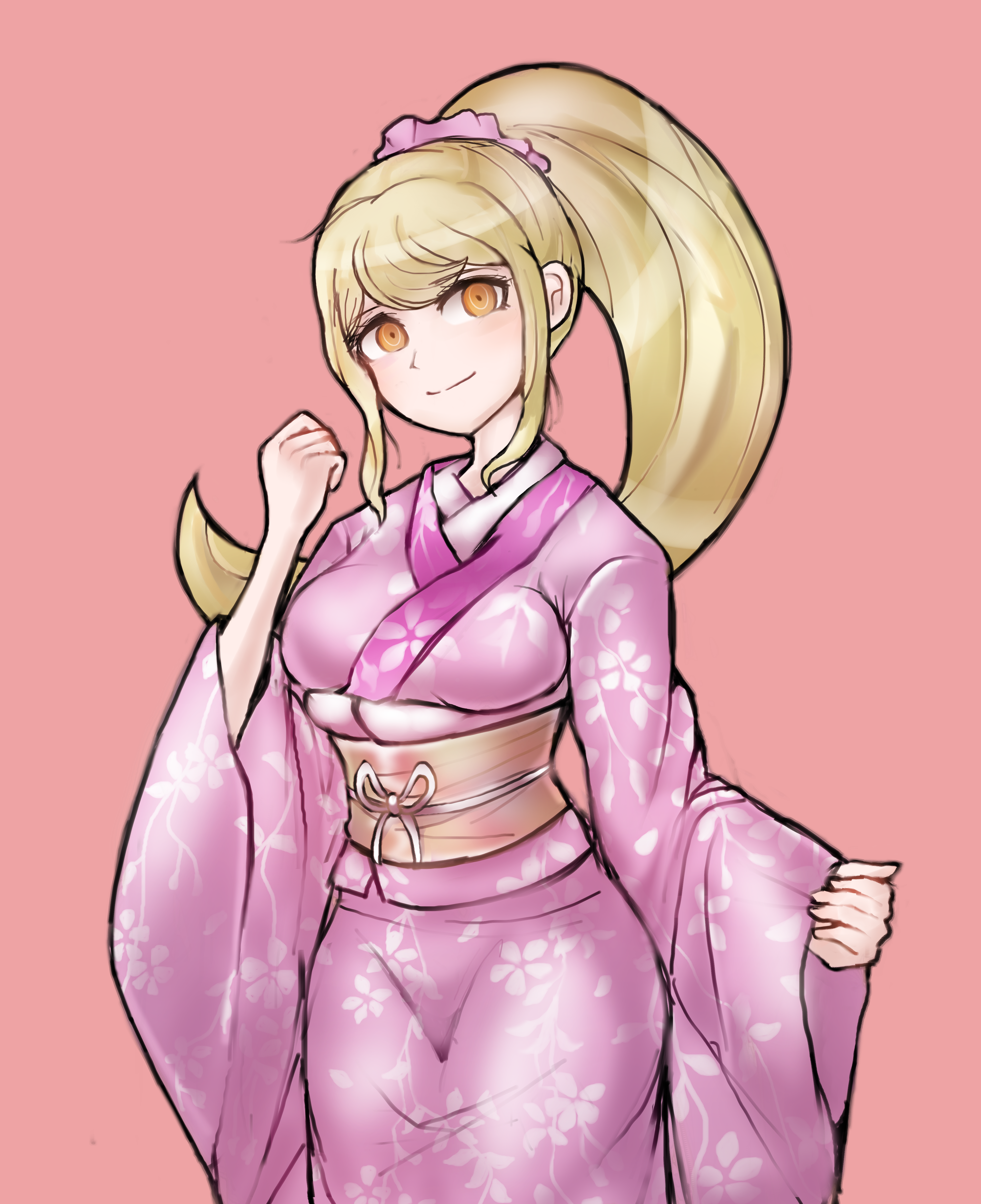 saionji hiyoko, danganronpa (series), danganronpa 2: goodbye despair, absurdres, highres, 1girl, aged up, blonde hair, breasts, closed mouth, dd (user hpsj3534), eyelashes, floral print, floral print kimono, japanese clothes, kimono, long hair, obi, official alternate hairstyle, orange eyes, pink kimono, ponytail, print kimono, sash, sidelocks, smile