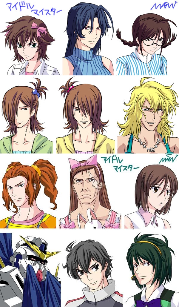 akizuki ritsuko, alejandro corner, ali al-saachez, allelujah haptism, amami haruka, futami ami, futami mami, graham aker, hagiwara yukiho, hoshii miki, kikuchi makoto, kisaragi chihaya, lockon stratos, minase iori, miura azusa, otonashi kotori, saji crossroad, sergei smirnov, setsuna f. seiei, takatsuki yayoi, tieria erde, gundam, gundam 00, idolmaster, idolmaster (classic), idolmaster 1, gender request, partially translated, translation request, 6+boys, ahoge, akizuki ritsuko (cosplay), amami haruka (cosplay), blonde hair, blue hair, braid, brown eyes, brown hair, cosplay, crossdressing, crossdressing (mtf), futami ami (cosplay), futami mami (cosplay), genderswap, glasses, green eyes, green hair, grey eyes, grey hair, hagiwara yukiho (cosplay), hair bobbles, hair ornament, hair over one eye, hair ribbon, hairband, headphones, headset, hoshii miki (cosplay), kikuchi makoto (cosplay), kisaragi chihaya (cosplay), long hair, male focus, microphone, minase iori (cosplay), miura azusa (cosplay), mole, mole under mouth, multiple boys, otonashi kotori (cosplay), parody, pun, rabbit, red eyes, ribbon, scar, scar across eye, scar on face, stuffed animal, stuffed rabbit, stuffed toy, takatsuki yayoi (cosplay), twin braids, twintails