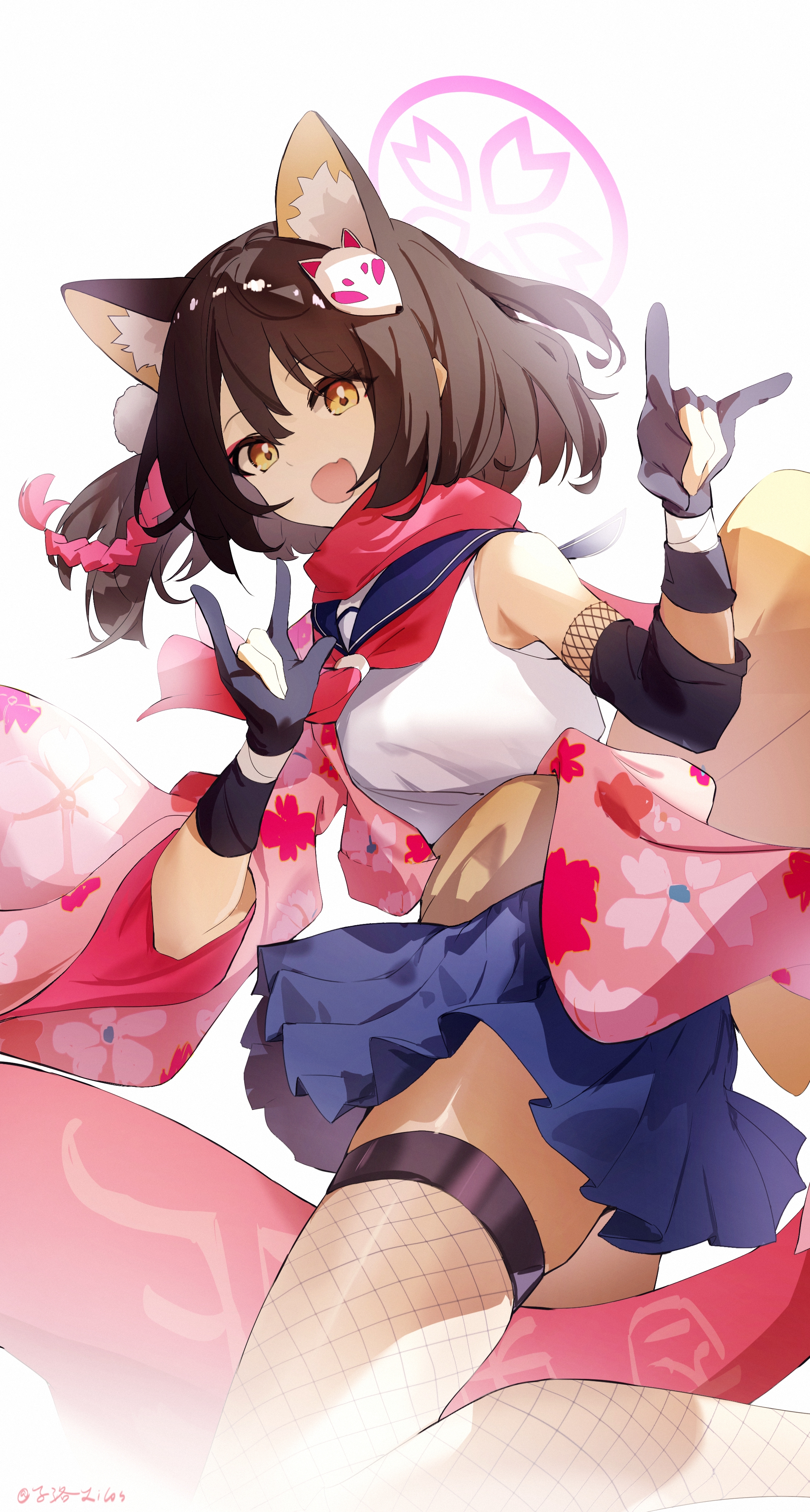 izuna (blue archive), blue archive, absurdres, chinese commentary, commentary request, highres, 1girl, :d, animal ear fluff, animal ears, bandaged wrist, bandages, bare shoulders, black gloves, black thighhighs, double fox shadow puppet, elbow gloves, fishnet thighhighs, fishnets, fox ears, fox girl, fox shadow puppet, gloves, hair between eyes, halo, looking at viewer, miniskirt, neckerchief, open mouth, partially fingerless gloves, pink halo, pleated skirt, purple sailor collar, purple skirt, red neckerchief, red scarf, sailor collar, scarf, school uniform, serafuku, shirt, simple background, skirt, sleeveless, sleeveless shirt, smile, solo, thighhighs, white background, white shirt, yellow eyes, zi luo (zilos)