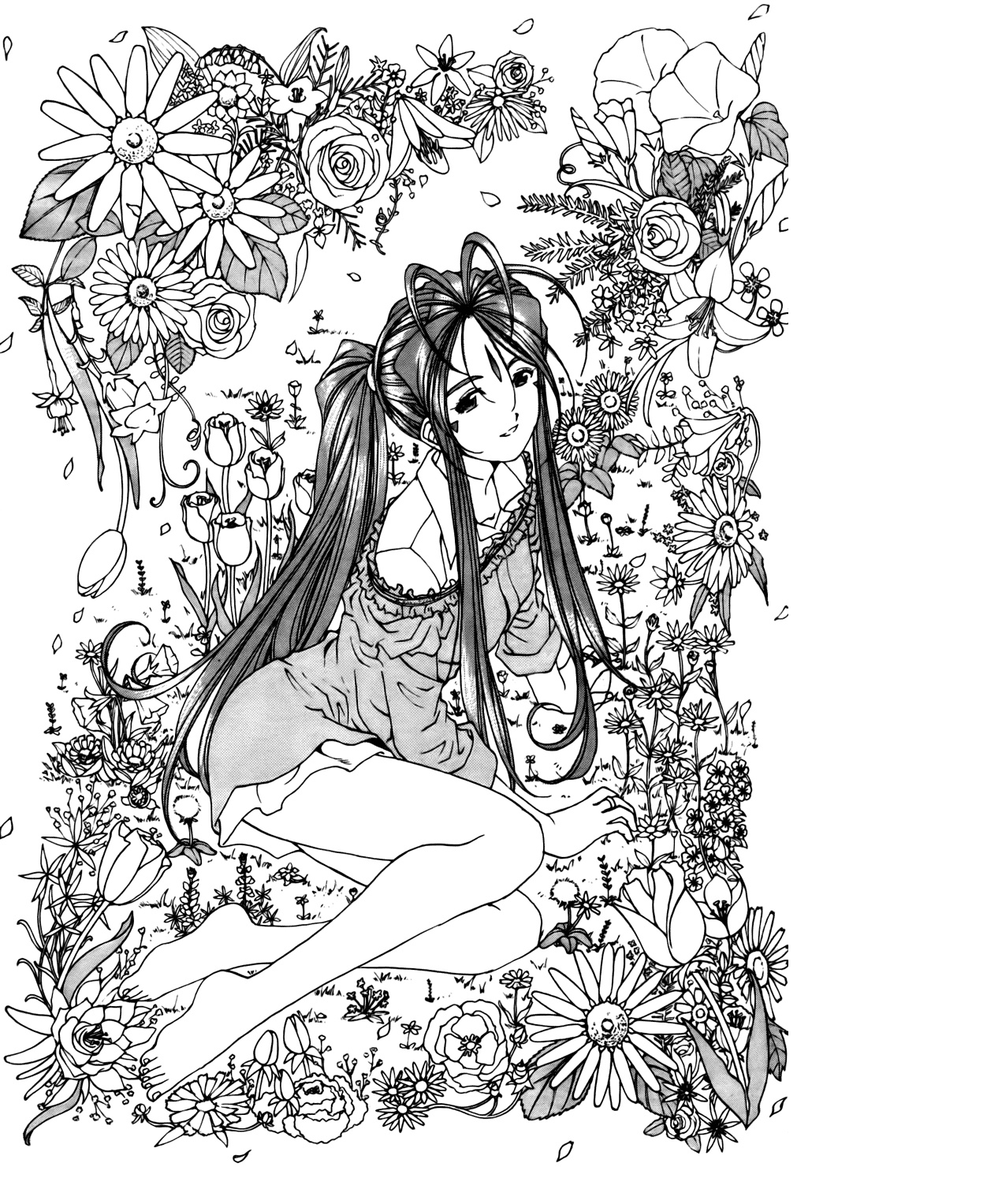 fujishima kousuke, belldandy, aa megami-sama, highres, 1girl, barefoot, dress, facial mark, female focus, flower, forehead mark, greyscale, legs, long hair, monochrome, ponytail, sitting, smile, solo, very long hair