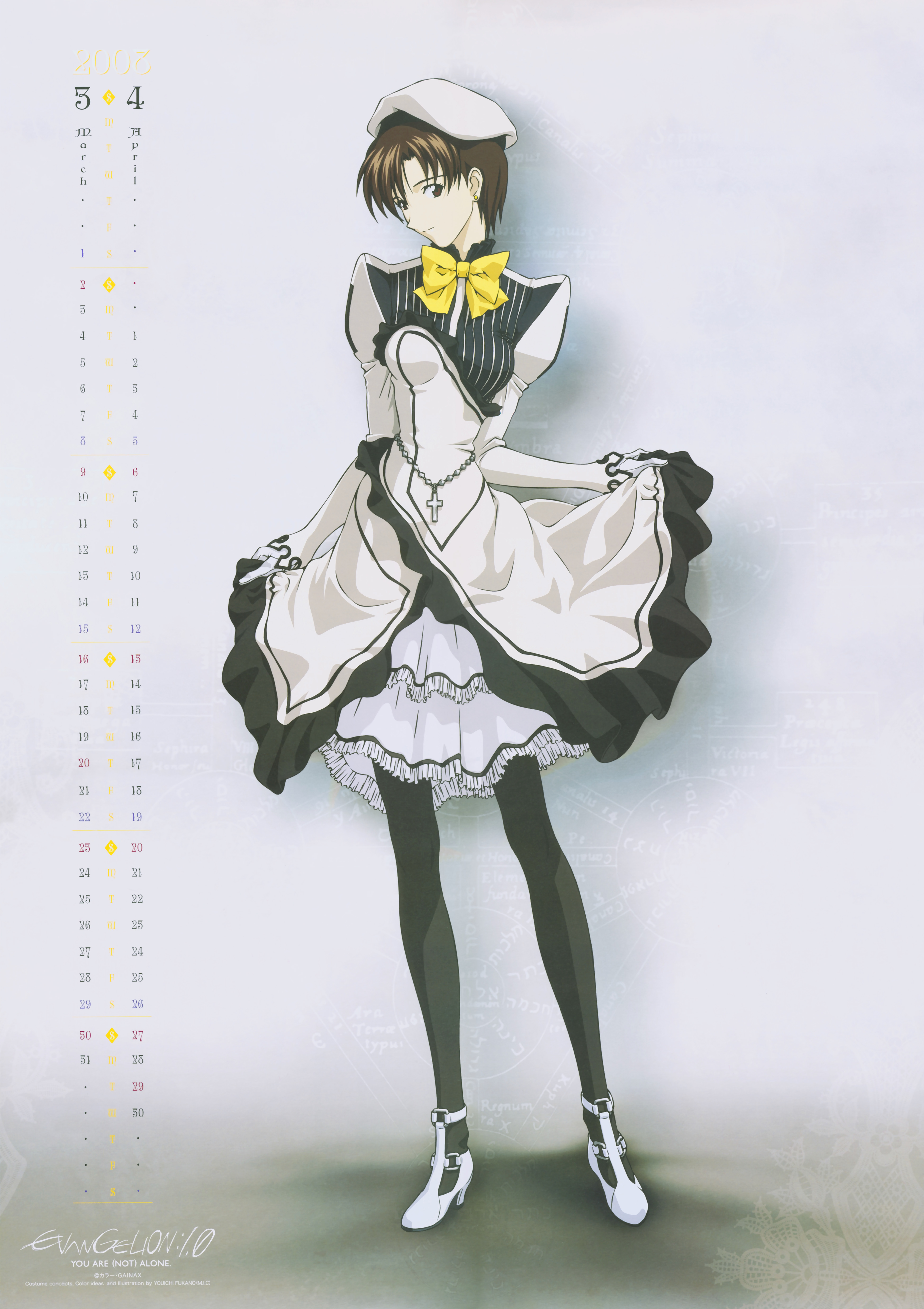 fukano youichi, ibuki maya, evangelion: 1.0 you are (not) alone, neon genesis evangelion, rebuild of evangelion, absurdres, highres, scan, 00s, 1girl, asymmetrical clothes, brown hair, calendar, cross, female focus, gothic lolita, hat, latin cross, lolita fashion, pantyhose, short hair, solo