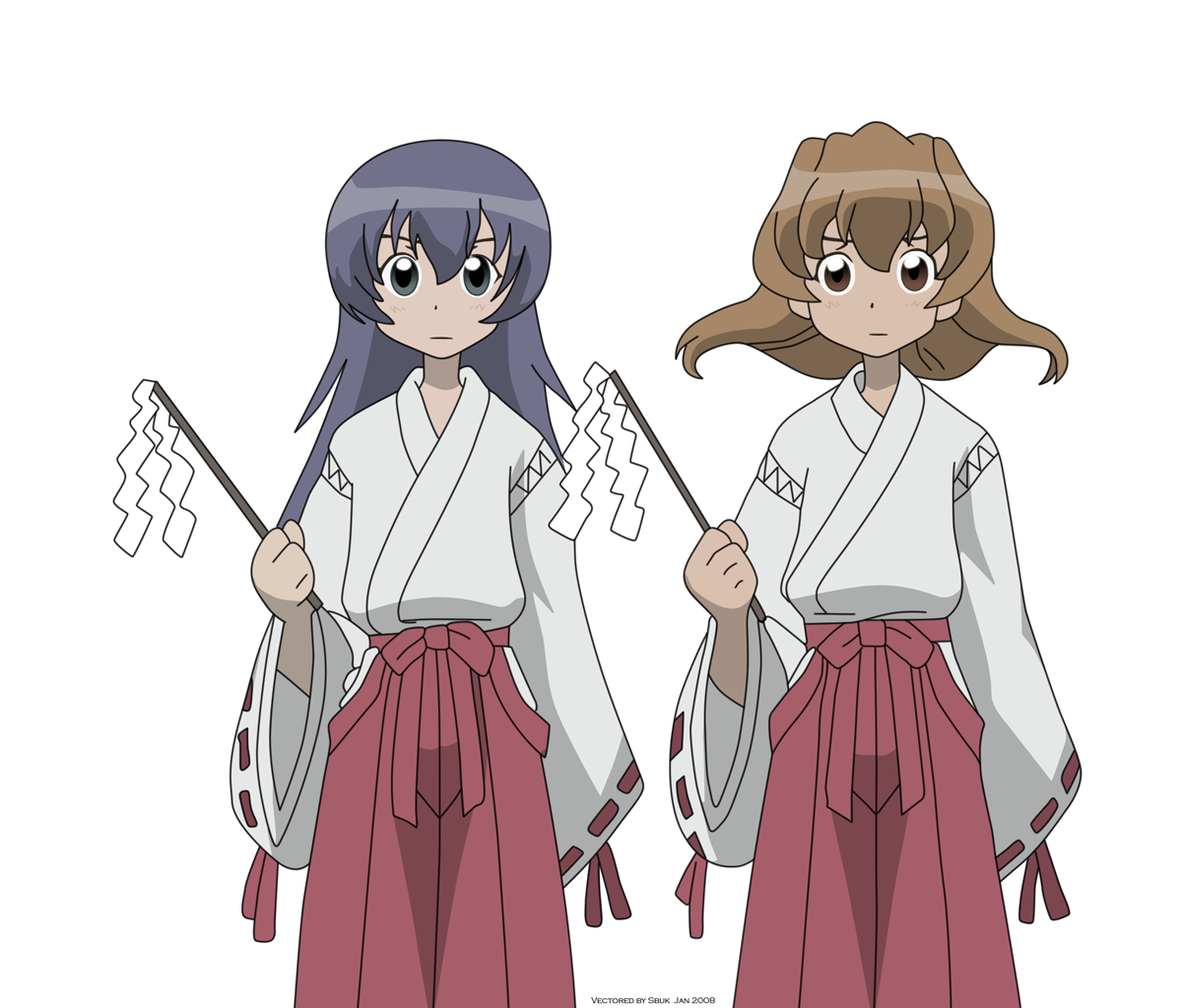 himuro fuu, tanabe ryou, sketchbook full colors, derivative work, vector trace, 00s, 2girls, gohei, hakama, hakama skirt, japanese clothes, miko, multiple girls, red hakama, skirt, transparent background