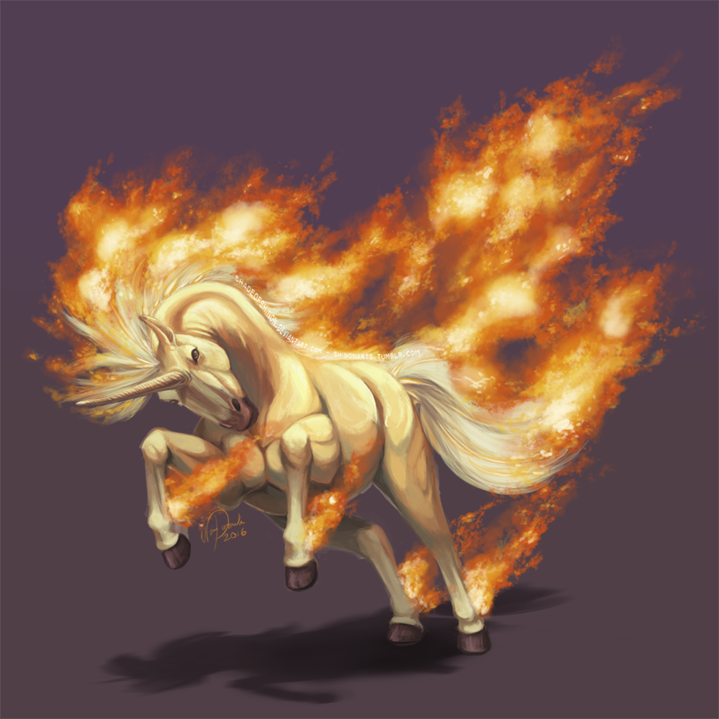 shadeofshinon, rapidash, nintendo, pokemon, dated, fighting stance, fire, full body, gen 1 pokemon, grey background, horns, horse, pokemon (creature), signature, single horn, unicorn, watermark, web address
