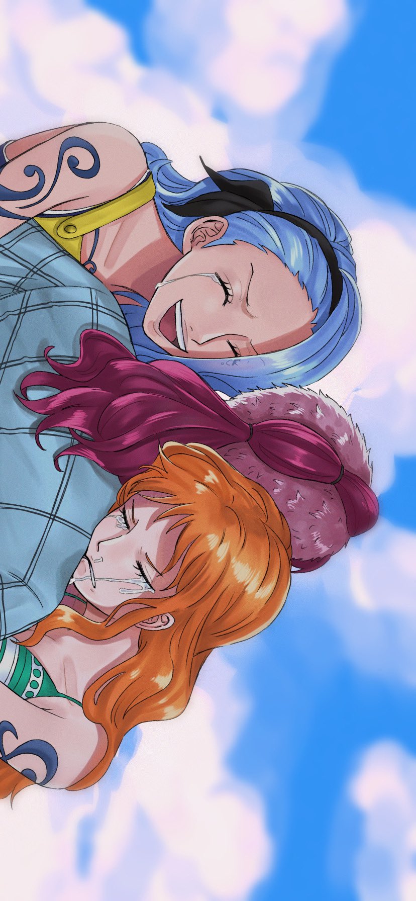 bellemere, nami (one piece), nojiko (one piece), one piece, commentary request, highres, 3girls, a maru 8911, apron, arm tattoo, blue hair, blue sky, closed eyes, cloud, crying, family, hug, long hair, mother and daughter, multiple girls, orange hair, red hair, shirt, siblings, sisters, sky, tattoo, tears, yellow apron