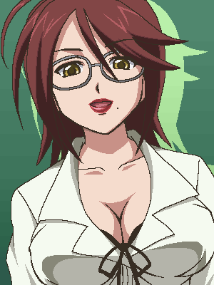 awa, kagome ririko, rosario+vampire, lowres, 00s, 1girl, ahoge, black bra, bra, bra peek, breasts, brown hair, cleavage, collarbone, collared shirt, female focus, flipped hair, front-tie top, glasses, green background, hair between eyes, happy, jaggy lines, large breasts, lilico kagome, lingerie, lipstick, looking at viewer, makeup, mature female, mole, mole under mouth, oekaki, parted bangs, red hair, red lips, shirt, short hair, simple background, solo, swept bangs, underwear, upper body, yellow eyes