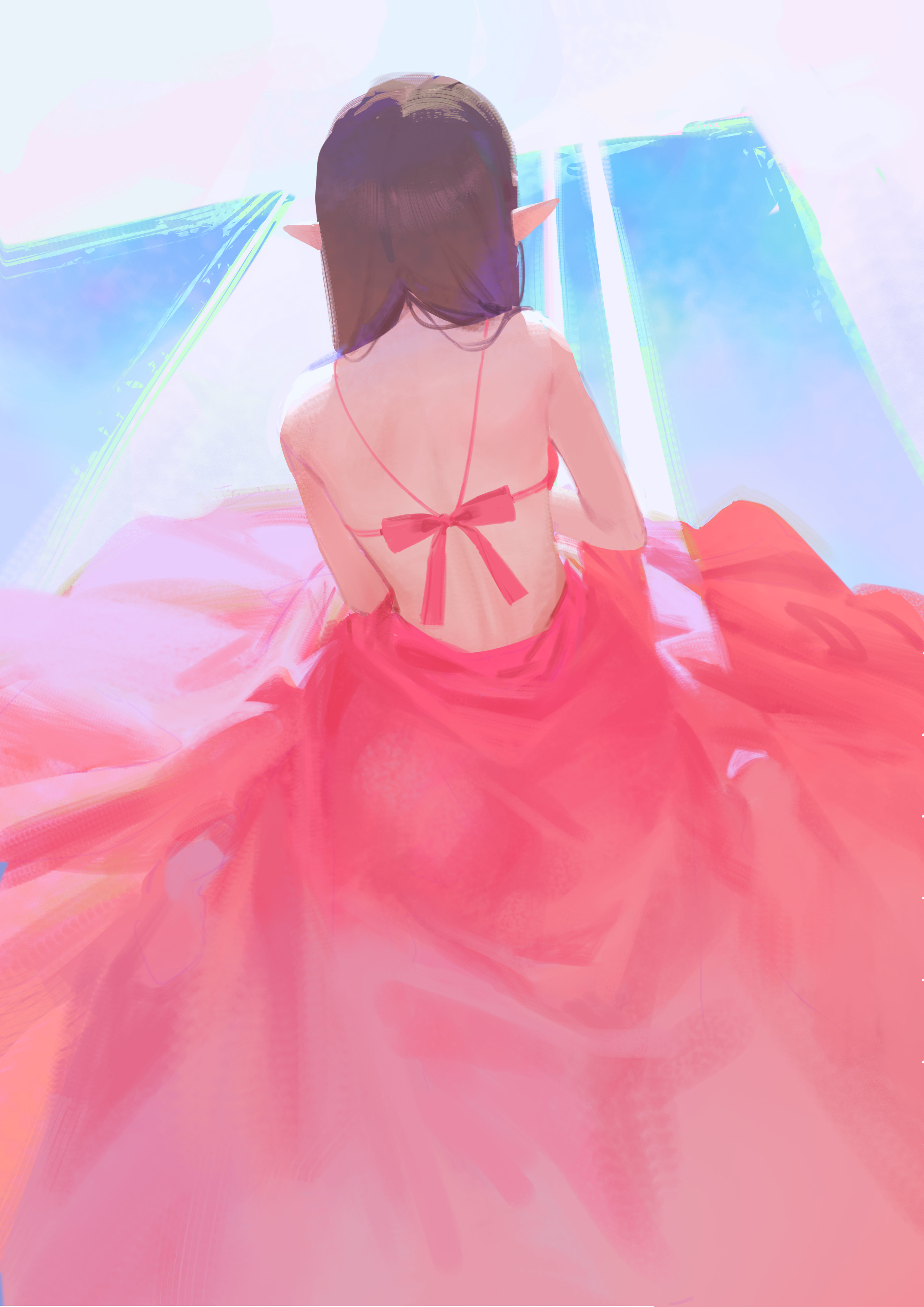 ddal, original, absurdres, highres, 1girl, back, backless dress, backless outfit, brown hair, dress, long skirt, pink dress, pointy ears, skirt
