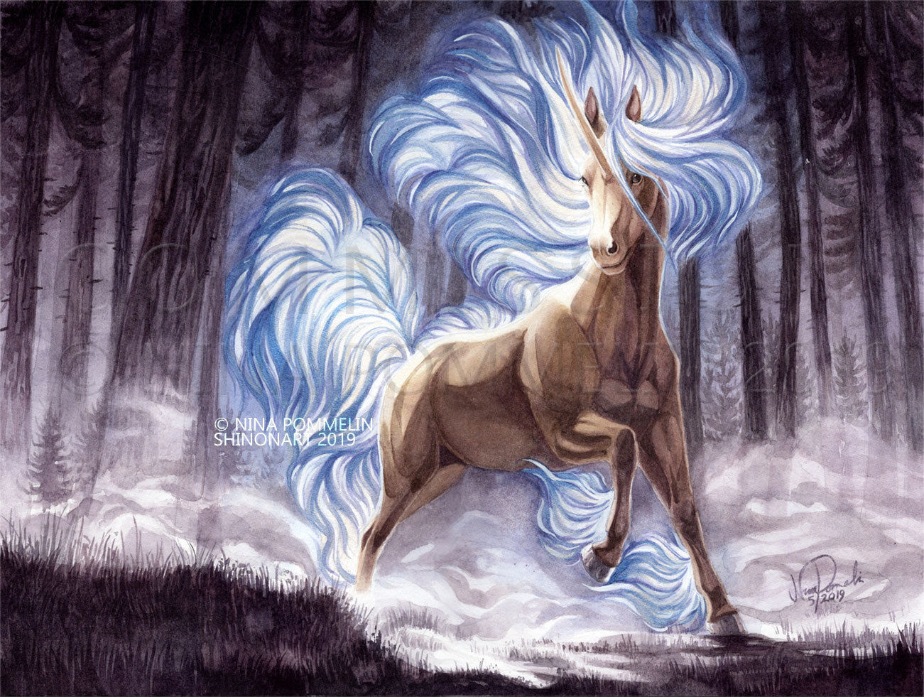shadeofshinon, rapidash, nintendo, pokemon, traditional media, alternate color, artist name, dated, fog, forest, full body, gen 1 pokemon, horse, nature, outdoors, pokemon (creature), shiny pokemon, signature, solo, unicorn, watermark