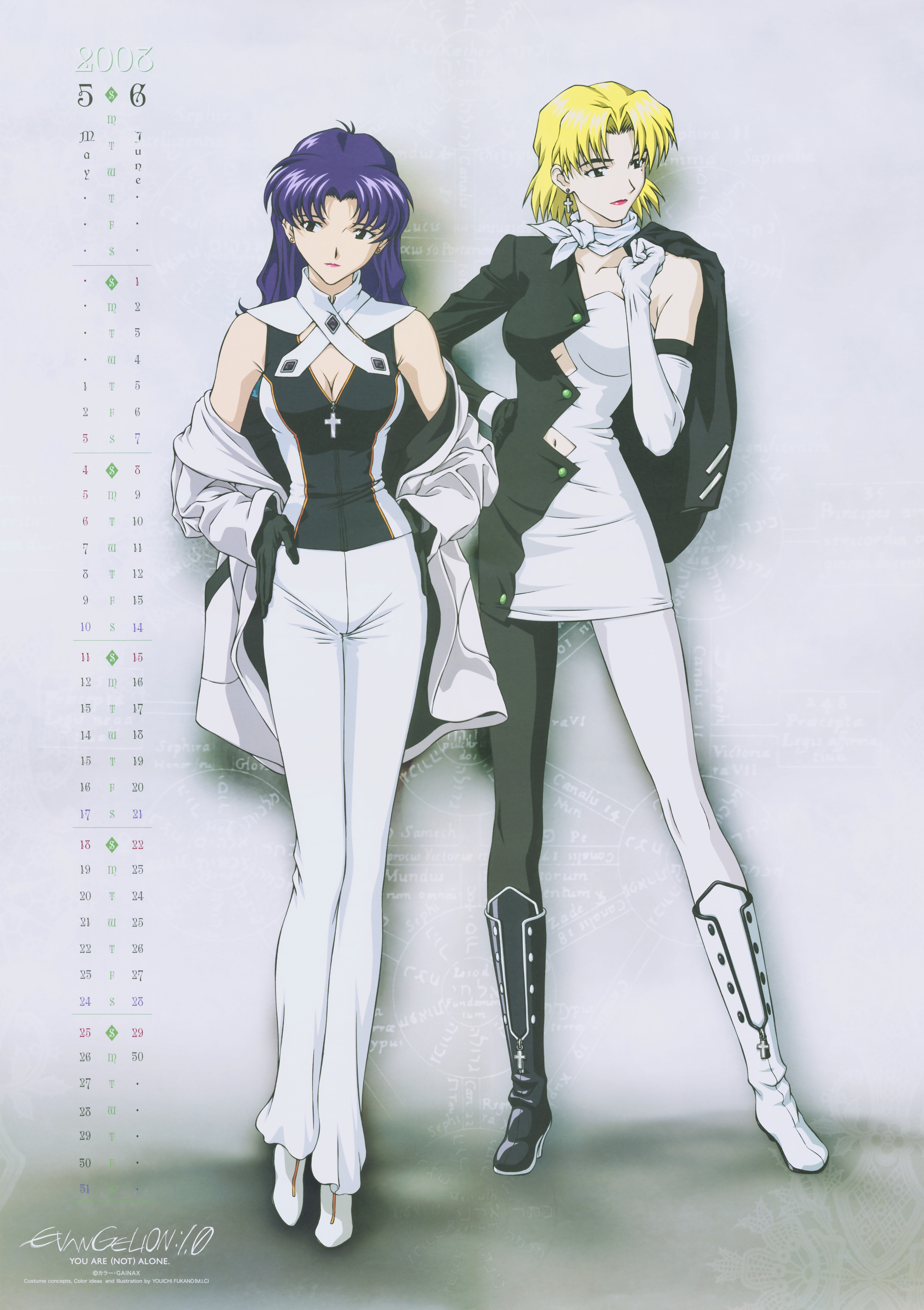 fukano youichi, akagi ritsuko, katsuragi misato, evangelion: 1.0 you are (not) alone, neon genesis evangelion, rebuild of evangelion, absurdres, highres, non-web source, official art, scan, 00s, 2girls, blonde hair, boots, calendar, cross, curvy, gloves, latin cross, long hair, mole, mole under eye, multiple girls, pantyhose, purple hair, short hair, skin tight, spandex