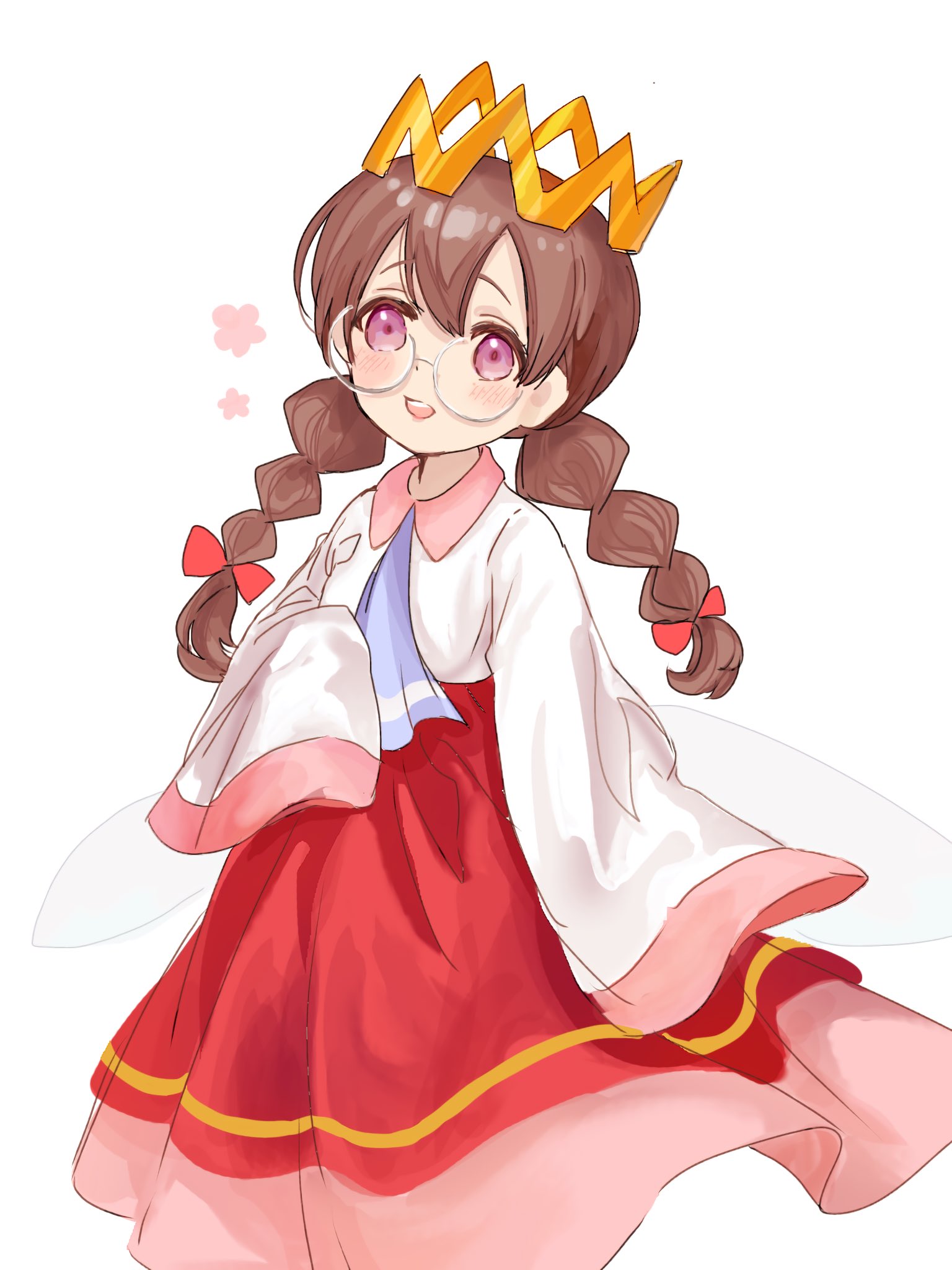 ripple star queen, kirby (series), kirby 64, nintendo, highres, 1girl, black hair, blush, bow, braid, crown, fairy, fairy wings, glasses, hair bow, long hair, low twin braids, purple eyes, red bow, simple background, skirt, sleeves past fingers, sleeves past wrists, smile, twin braids, white background, wings, yk n 03