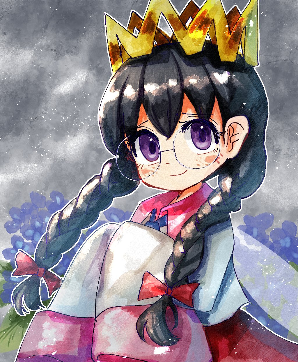 ripple star queen, kirby (series), kirby 64, nintendo, highres, 1girl, black hair, bow, braid, crown, fairy, fairy wings, hair bow, long hair, looking at viewer, low twin braids, pp (mjmf4547), purple eyes, red bow, sleeves past fingers, sleeves past wrists, smile, twin braids, wings