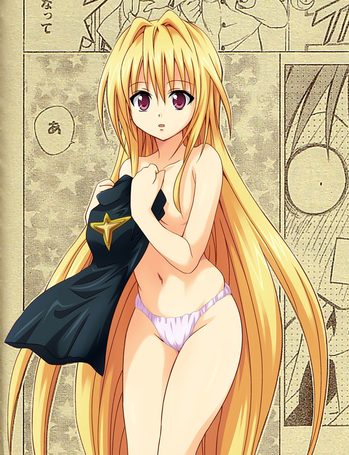 yabuki kentarou, konjiki no yami, to love-ru, colorized, official art, third-party edit, 00s, 1girl, :o, black dress, blonde hair, breasts, comic, covering breasts, covering privates, cowboy shot, dress, female focus, hair between eyes, hair intakes, holding, long hair, looking at viewer, navel, nude cover, open mouth, panties, partially colored, red eyes, short dress, sidelocks, small breasts, solo, speech bubble, standing, star (symbol), topless female, turtleneck, underwear, underwear only, undressing, unworn dress, very long hair, white panties