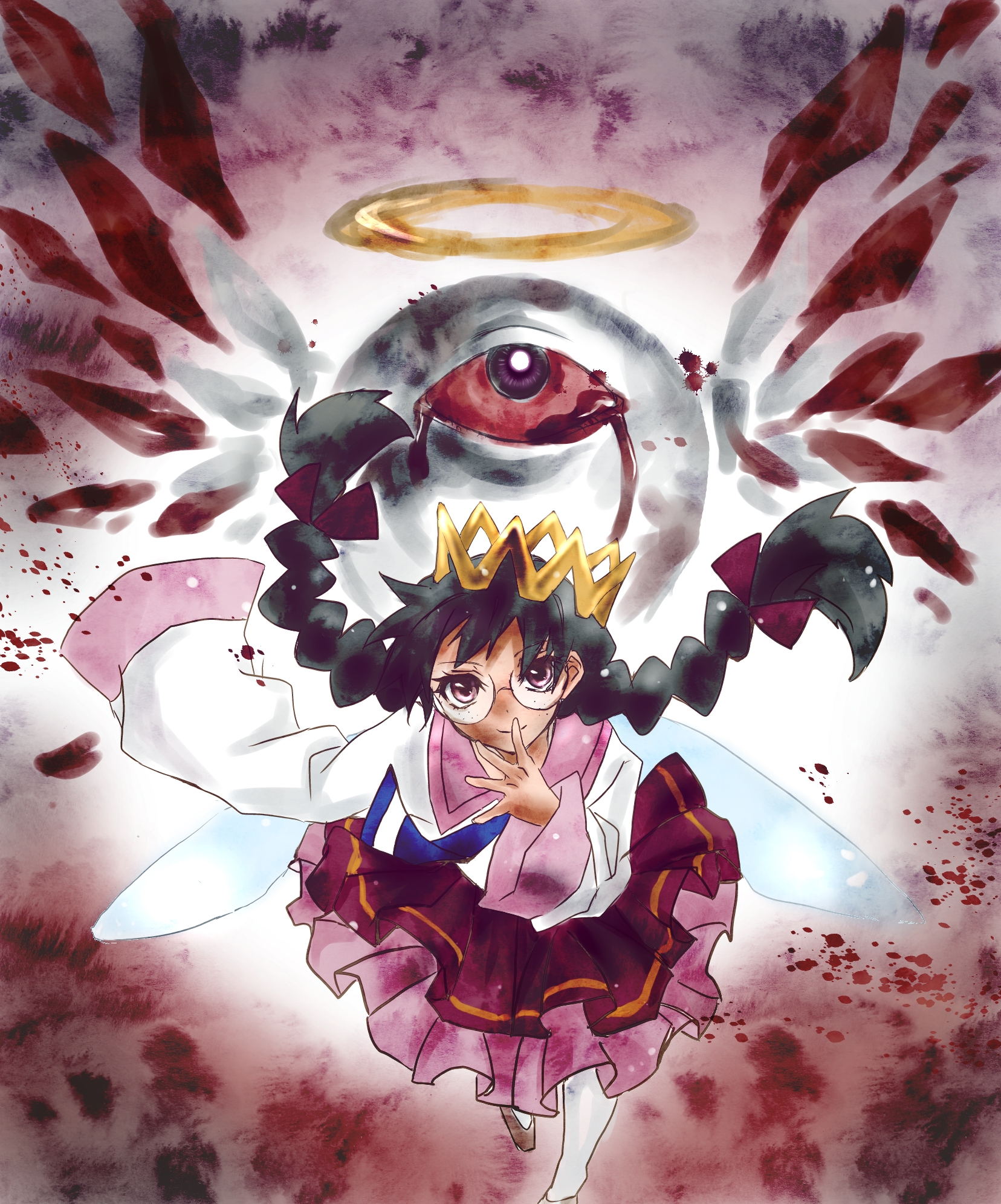 hamagurihime, ripple star queen, zero two (kirby), kirby (series), kirby 64, nintendo, highres, 1girl, black hair, bleeding, blood, braid, crown, fairy, fairy wings, glasses, halo, long hair, low twin braids, one-eyed, pink skirt, purple eyes, red eyes, skirt, sleeves past fingers, sleeves past wrists, twin braids, wings