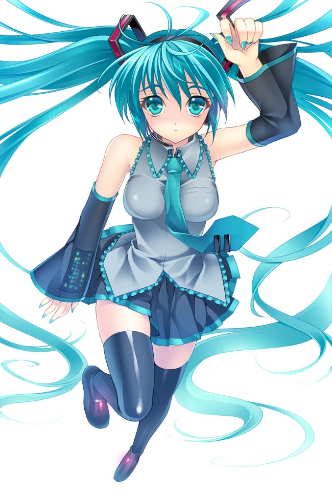 riv (rivleaf), hatsune miku, vocaloid, 1girl, aqua eyes, aqua hair, bare shoulders, black thighhighs, blue eyes, blue hair, detached sleeves, female focus, long hair, looking at viewer, matching hair/eyes, necktie, simple background, skirt, solo, thighhighs, twintails, very long hair, white background