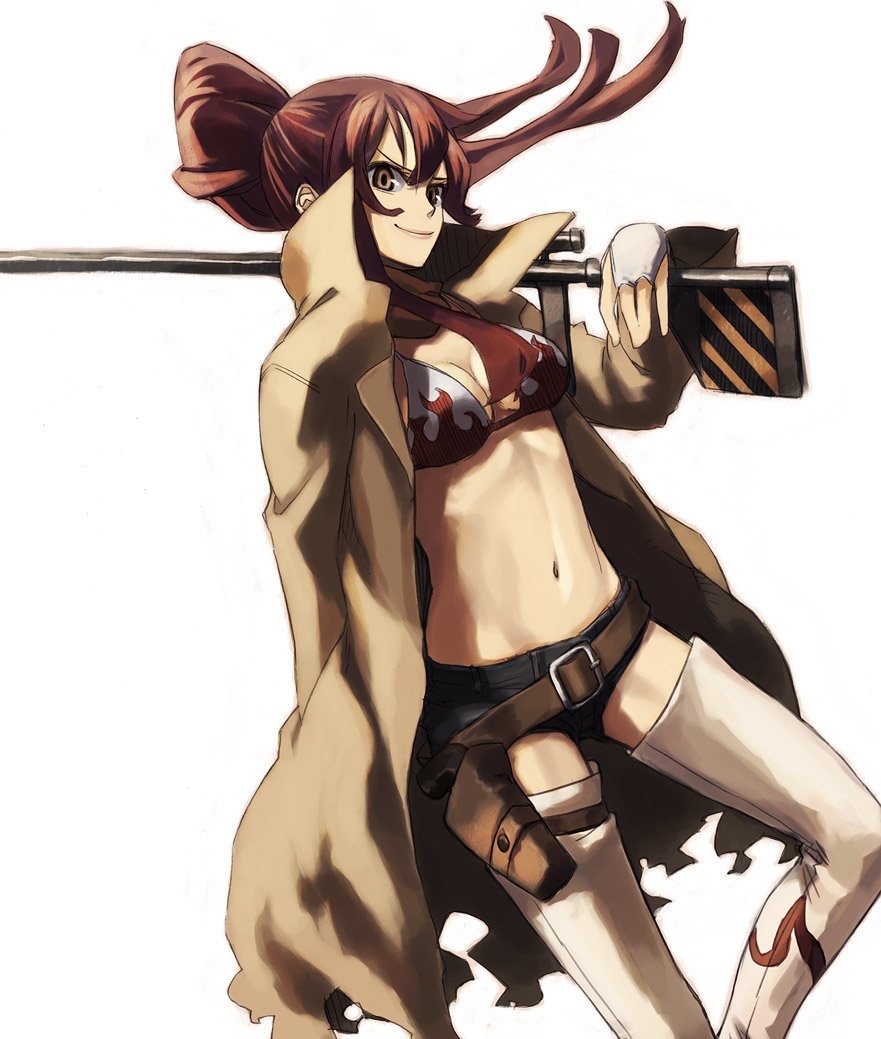 itsutsu, yoko littner, tengen toppa gurren lagann, bad id, bad pixiv id, 00s, belt, bikini, bikini top only, boots, cloak, denim, denim shorts, gloves, gun, midriff, navel, ponytail, red hair, scarf, short shorts, shorts, simple background, solo, swimsuit, thigh boots, thigh strap, thighhighs, torn clothes, weapon, yellow eyes