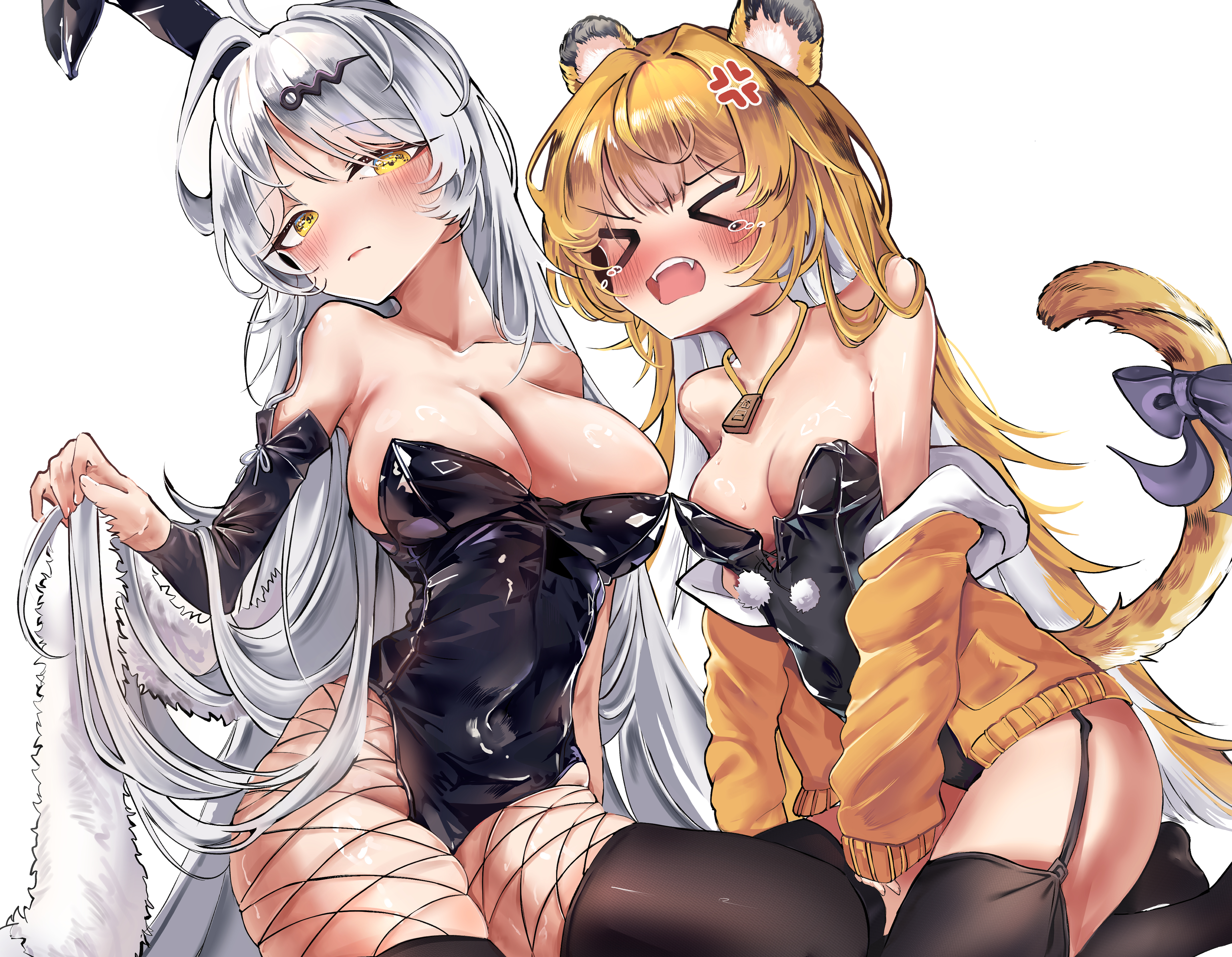 konokomaramara, ju fufu, yixuan (zenless zone zero), zenless zone zero, absurdres, highres, > <, 2girls, ahoge, animal ears, bare shoulders, black leotard, black thighhighs, blonde hair, blush, bow, breasts, cleavage, closed mouth, fake animal ears, fang, fishnet pantyhose, fishnets, jacket, large breasts, leotard, long hair, looking at viewer, medium breasts, multicolored hair, multiple girls, open mouth, pantyhose, rabbit ears, strapless, strapless leotard, tail, tail bow, tail ornament, teeth, thighhighs, tiger ears, tiger girl, tiger stripes, tiger tail, two-tone hair, upper teeth only, very long hair, white hair, yellow eyes, yellow jacket
