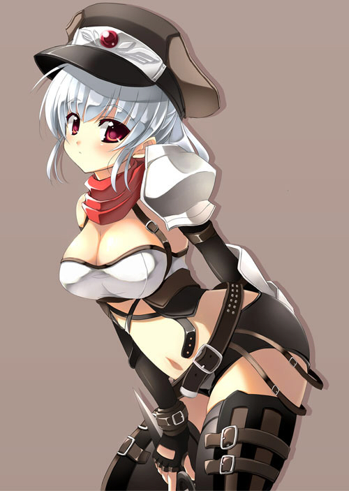 tooya, touya (the-moon), fantasy earth zero, silver hair, 1girl, blue hair, breasts, cleavage, female focus, hat, large breasts, red eyes, solo