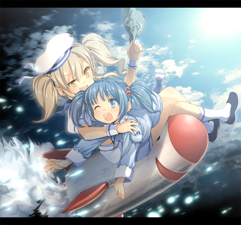 buriki, kawashiro nitori, kitashirakawa chiyuri, mimi-chan, phantasmagoria of dim.dream, touhou, touhou (pc-98), 2girls, anchor, antenna hair, blonde hair, blue eyes, blue hair, blush, cloud, fang, female focus, flats, hair bobbles, hair ornament, hat, letterboxed, long sleeves, multiple girls, one eye closed, open mouth, rocket, sailor hat, school uniform, serafuku, short sleeves, skirt, sky, socks, twintails, two side up, unworn hat, unworn headwear, white socks, yellow eyes