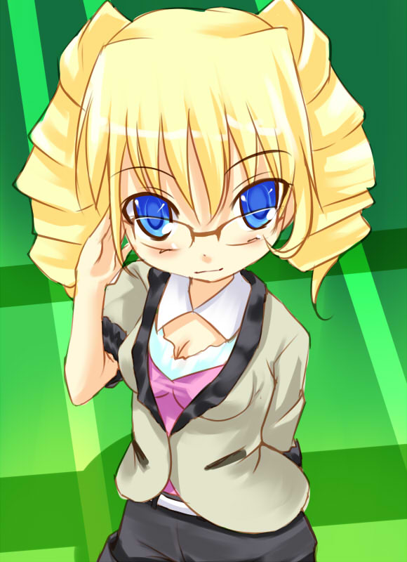 kuro (be ok), 1girl, adjusting eyewear, blonde hair, blue eyes, breasts, cleavage, drill hair, female focus, glasses, small breasts, solo, twin drills, twintails
