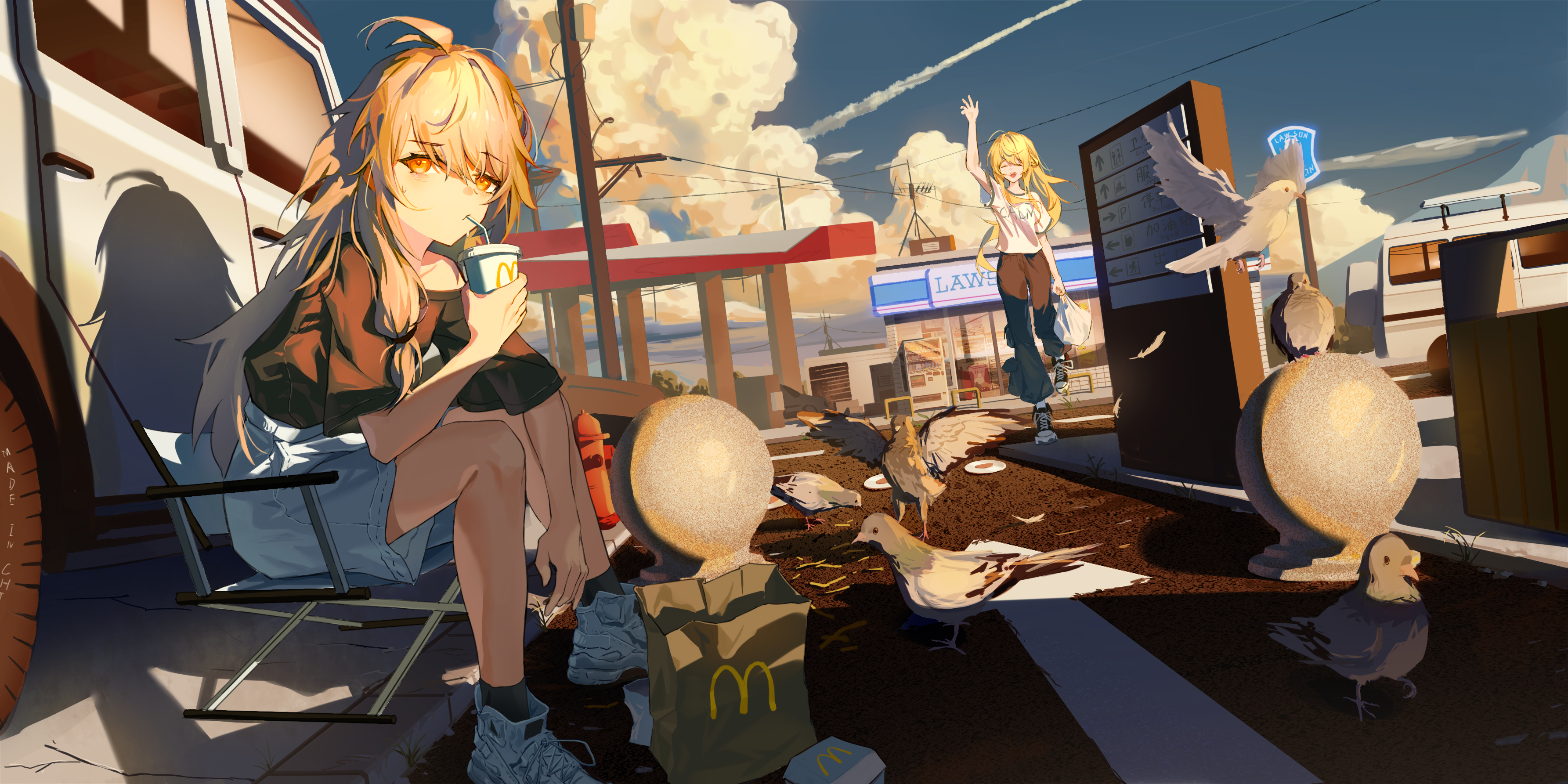 converse, mcdonald's, original, absurdres, commentary, commentary request, english commentary, highres, mixed-language commentary, 2girls, ahoge, animal, arm at side, arm up, bag, bird, black pants, black shirt, black shoes, black socks, blonde hair, blue sky, brown hair, car, chair, closed mouth, cloud, contrail, cup, denim, denim shorts, disposable cup, drinking, drinking straw, dutch angle, elbow on thigh, evening, falling feathers, feathers, fire hydrant, folding chair, gas station, grey bird, grey shoes, holding, holding bag, holding cup, long hair, looking at viewer, motor vehicle, multiple girls, off-shoulder shirt, off shoulder, on chair, orange eyes, outdoors, pants, paper bag, path, power lines, road, scenery, seagull, shadow, shirt, shirt tucked in, shoes, short sleeves, shorts, sitting, sky, slice of life, sneakers, socks, utility pole, waving, white car, white shirt, yume (user kjuv7837)
