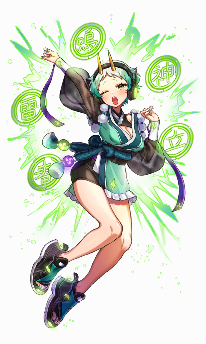 kirisaki ramiru, original, clothing request, commentary request, 1girl, ;o, aqua hair, aqua nails, arm up, breasts, brown eyes, cleavage, electricity, eyelashes, gradient hair, horns, lightning bolt symbol, long sleeves, multicolored hair, nail polish, obi, one eye closed, open-toe shoes, open mouth, sash, see-through clothes, see-through sleeves, short hair, simple background, solo, teeth, toenail polish, toenails, upper teeth only, very short hair, white background, white hair, yellow horns