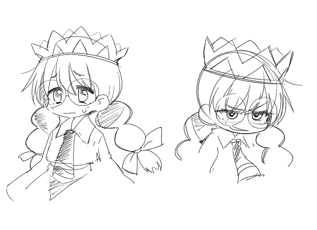 kasukeomote, ripple star queen, kirby (series), kirby 64, nintendo, 1girl, bow, braid, crown, evil smile, freckles, hair bow, long hair, low twin braids, multiple views, simple background, sketch, smile, sweatdrop, twin braids, white background