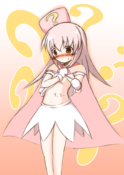 sch, hatena yousei, benesse, 1girl, ?, blush, cape, female focus, hat, pink hair, pink hat, solo, white hair