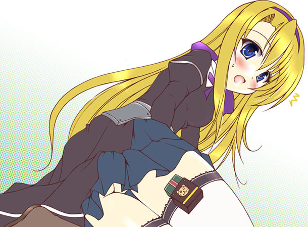 uminchu, carim gracia, lyrical nanoha, mahou shoujo lyrical nanoha, mahou shoujo lyrical nanoha strikers, 00s, 1girl, blonde hair, blue eyes, blush, fallen down, female focus, hair ribbon, holster, no panties, ribbon, solo, thigh holster, thigh strap, thighhighs