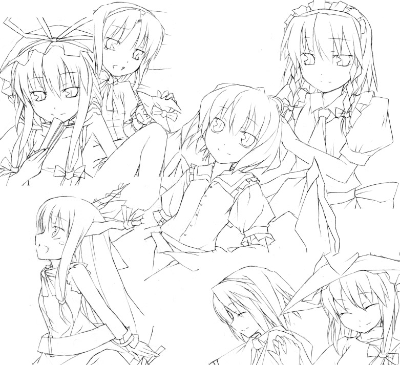 nu (plastic eraser), alice margatroid, ibuki suika, izayoi sakuya, kirisame marisa, remilia scarlet, yakumo yukari, touhou, 6+girls, braid, buttons, dress, evil smile, female focus, frills, greyscale, long hair, looking at viewer, maid headdress, monochrome, multiple girls, puffy short sleeves, puffy sleeves, short hair, short sleeves, simple background, smile, twin braids, upper body, very long hair, white background