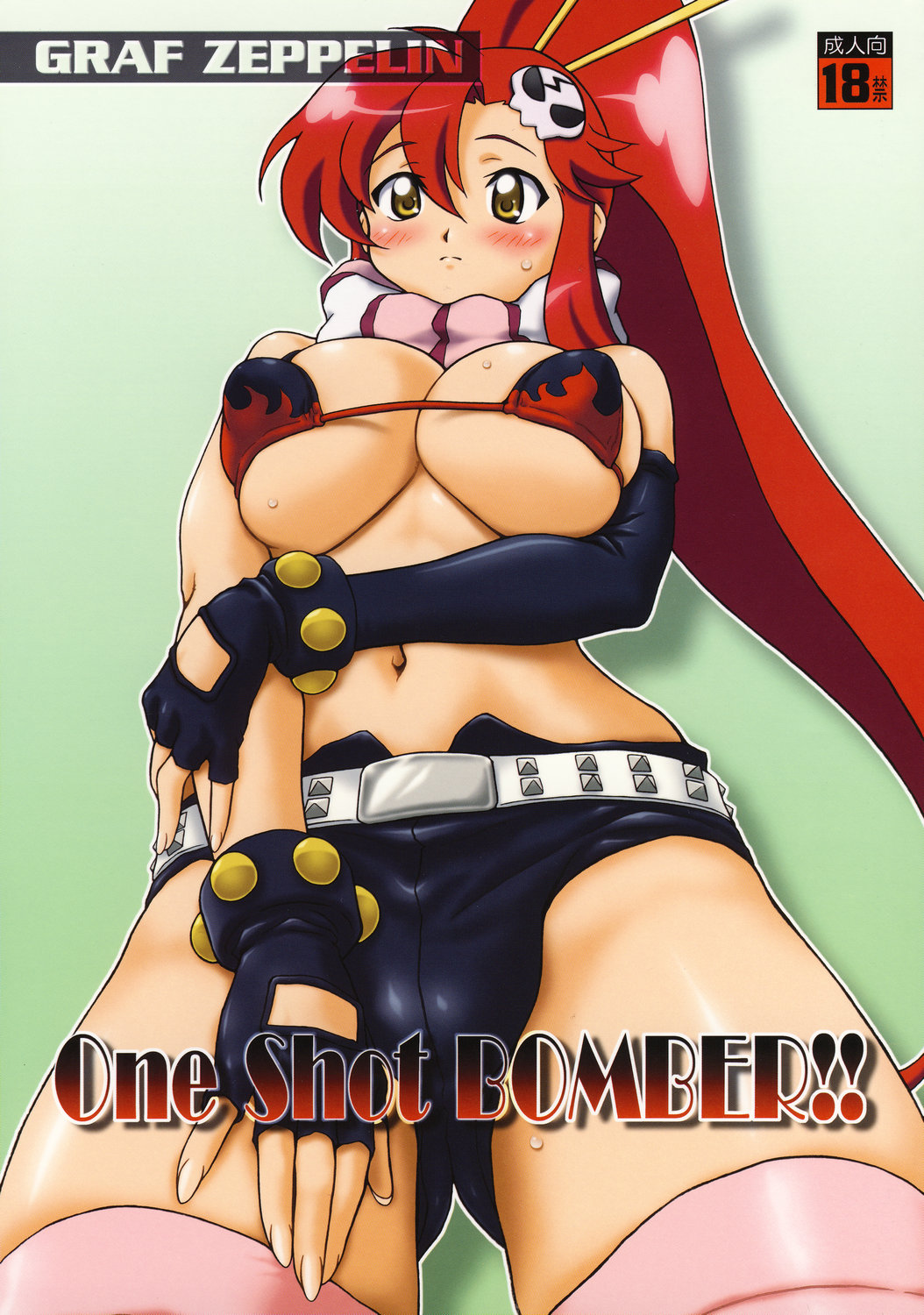 ta152 (graf zeppelin), yoko littner, tengen toppa gurren lagann, highres, 00s, bikini, bikini top only, blush, breasts, elbow gloves, gloves, large breasts, long hair, ponytail, red hair, scarf, short shorts, shorts, solo, striped clothes, striped scarf, swimsuit, thighhighs