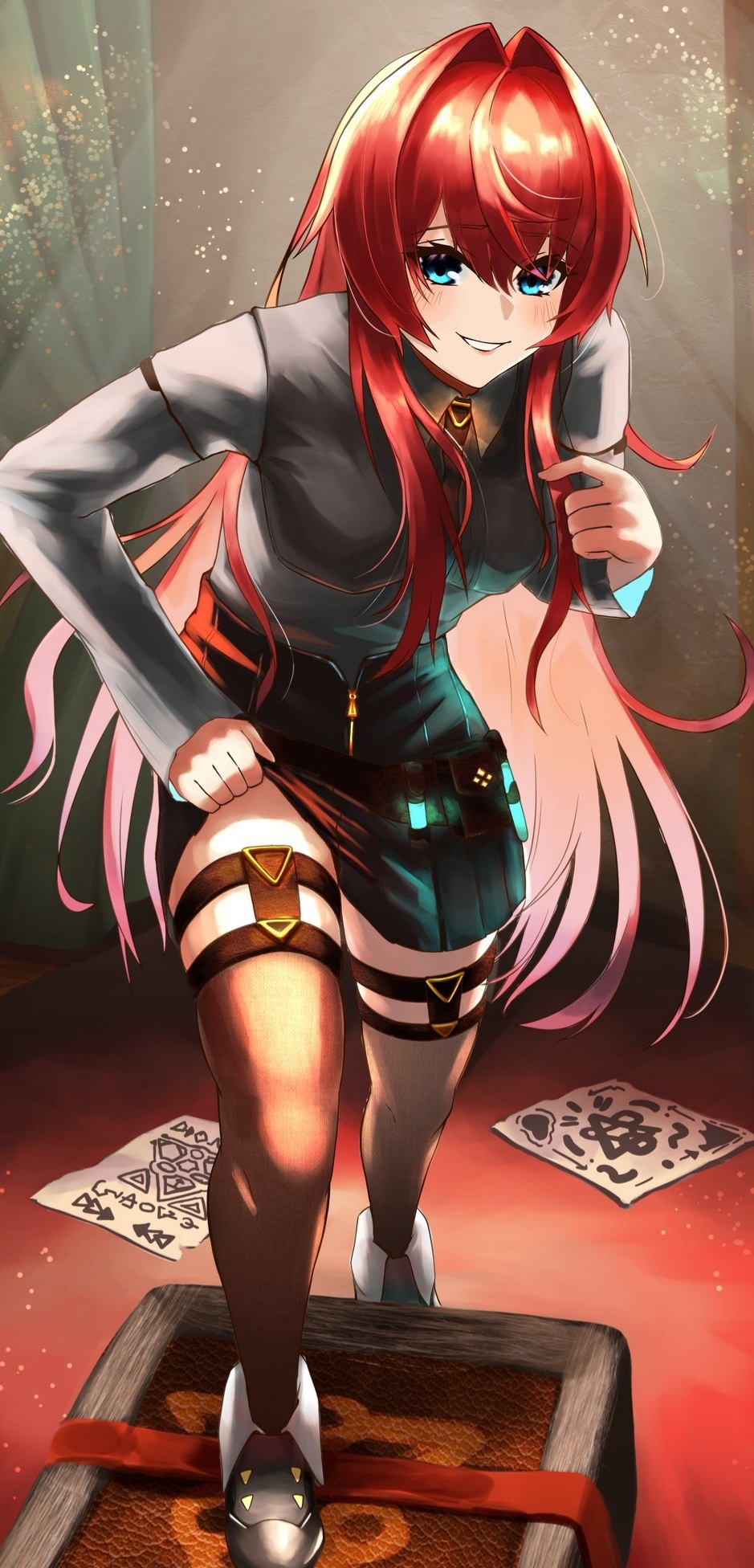 doidamon, ange katrina, ange katrina (4th costume), nijisanji, commentary request, highres, 1girl, ankle boots, belt, belt pouch, black skirt, blue eyes, blush, boots, breasts, brown belt, collared shirt, fold-over boots, foot up, full body, grey boots, grey shirt, grey thighhighs, grin, hair between eyes, hair intakes, hand up, indoors, legwear garter, light particles, long hair, long sleeves, looking at viewer, miniskirt, paper, pleated skirt, pouch, red hair, shirt, shirt tucked in, skirt, skirt hold, small breasts, smile, solo, standing, test tube holster, thighhighs, very long hair, virtual youtuber, zettai ryouiki