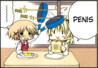 miyako (hidamari sketch), yuno (hidamari sketch), hidamari sketch, lowres, 00s, comic, english text, meal, penis