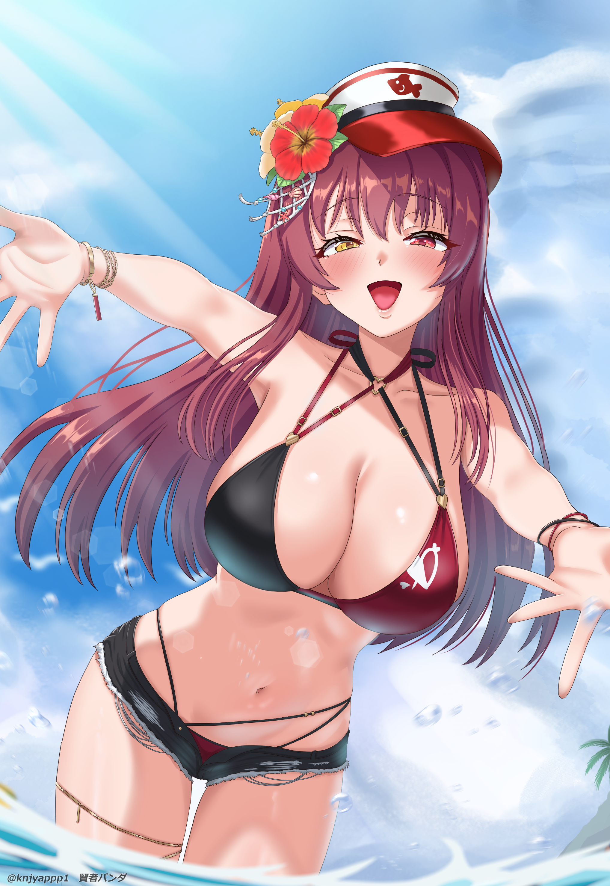 kenja panda, houshou marine, houshou marine (holonatsu paradise), hololive, absurdres, commentary request, highres, 1girl, :d, bikini, bikini under shorts, black bikini, black shorts, blue sky, blush, breasts, cleavage, cloud, collarbone, day, flower, hair between eyes, hair down, hair flower, hair ornament, halterneck, hat, heterochromia, hibiscus, large breasts, long hair, looking at viewer, multicolored bikini, navel, official alternate costume, open mouth, outdoors, outstretched arms, peaked cap, red bikini, red eyes, red hair, short shorts, shorts, sky, smile, solo, stomach, swimsuit, thighs, tongue, two-tone bikini, virtual youtuber, wading, water, white hat, yellow eyes