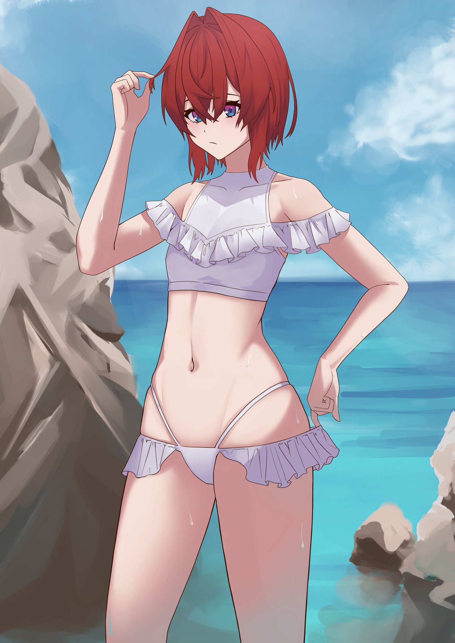 ange katrina, nijisanji, artist request, highres, source request, 1girl, adjusting clothes, alternate costume, arm up, bare shoulders, bikini, blue eyes, blue sky, breasts, closed mouth, cloud, collarbone, contrapposto, day, frilled bikini, frills, gradient eyes, hair between eyes, hair intakes, halterneck, holding, holding own hair, looking down, medium hair, multi-strapped bikini bottom, multicolored eyes, navel, ocean, outdoors, purple eyes, red hair, rock, sky, small breasts, solo, standing, swimsuit, virtual youtuber, white bikini