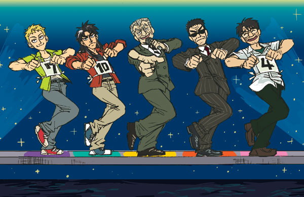 sahara, endou yuuji, ishida kouji, ishida mitsuzi, itou kaiji, sahara makoto, tonegawa yukio, kaiji, 5boys, :d, black hair, blonde hair, dancing, looking at viewer, microphone, multiple boys, music, open mouth, singing, smile, stage lights, sunglasses