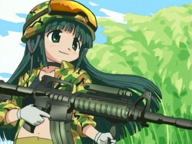 yoshinoya (hidamari sketch), hidamari sketch, anime screenshot, 1girl, assault rifle, cosplay, female focus, gun, holding, holding gun, holding weapon, m16, military, rifle, sleeves rolled up, solo, trigger discipline, weapon