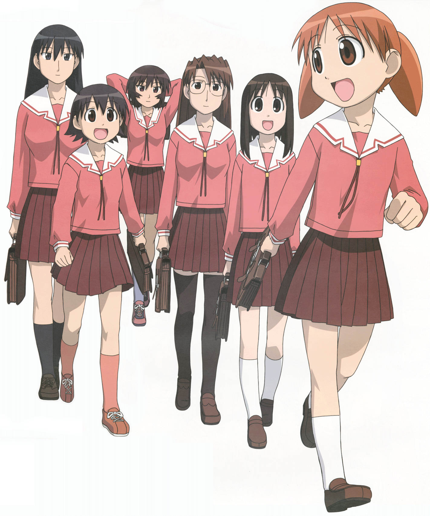 kagura, kagura (azumanga daioh), kasuga ayumu, mihama chiyo, mizuhara koyomi, sakaki (azumanga daioh), takino tomo, azumanga daiou, highres, official art, scan, 6+girls, bag, black hair, brown eyes, brown hair, child, glasses, long hair, multiple girls, orange hair, school bag, school uniform, serafuku, short twintails, thighhighs, twintails, white background