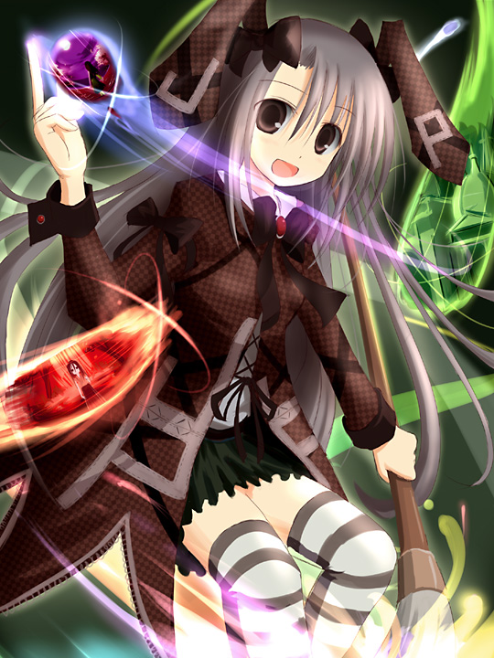 mashayuki, original, silver hair, striped, 1girl, female focus, long hair, magic, ribbon, solo, thighhighs
