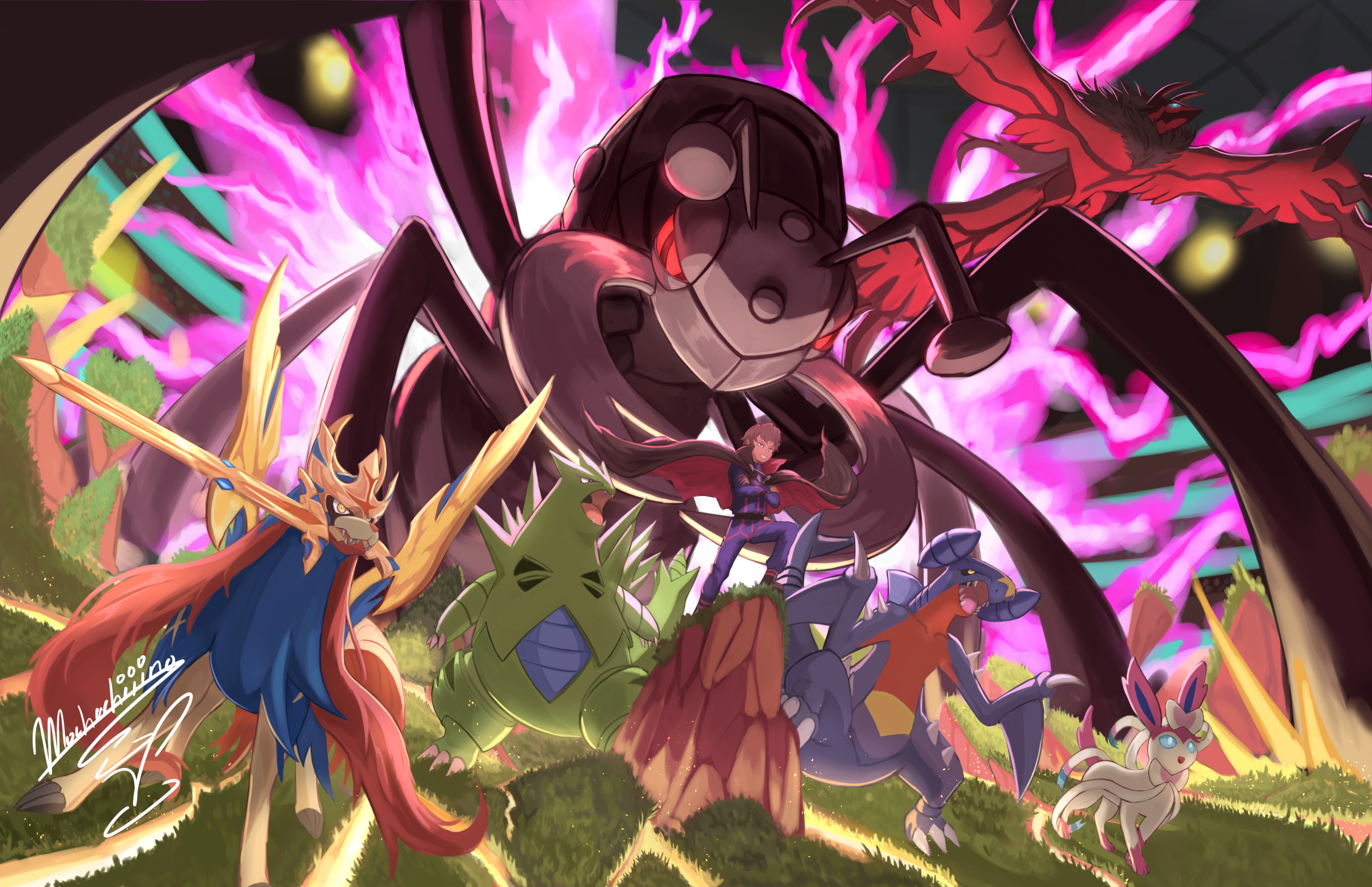 mochachiiino, durant, garchomp, lance (pokemon), sylveon, tyranitar, yveltal, zacian, zacian (crowned), nintendo, pokemon, pokemon hgss, commission, highres, 1boy, animal, antennae, aura, black sclera, blue pants, blue shirt, brown hair, bug, cape, claws, colored sclera, cosplay, crossed arms, dark-skinned male, dark skin, dynamax, flying, gen 2 pokemon, gen 4 pokemon, gen 5 pokemon, gen 6 pokemon, gen 8 pokemon, grass, grin, holding, holding sword, holding weapon, lance (pokemon) (cosplay), legendary pokemon, mandibles, mouth hold, open mouth, oversized animal, pants, pokemon (creature), sharp teeth, shirt, short hair, signature, smile, sword, teeth, v-shaped eyes, weapon, yellow eyes