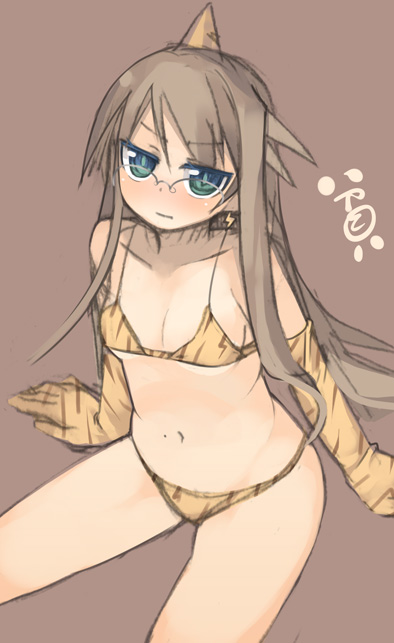 kashiwamochi yomogi, arima senka, original, 1girl, animal print, bikini, cosplay, female focus, glasses, long hair, oni, orange bikini, solo, swimsuit, tiger print, very long hair