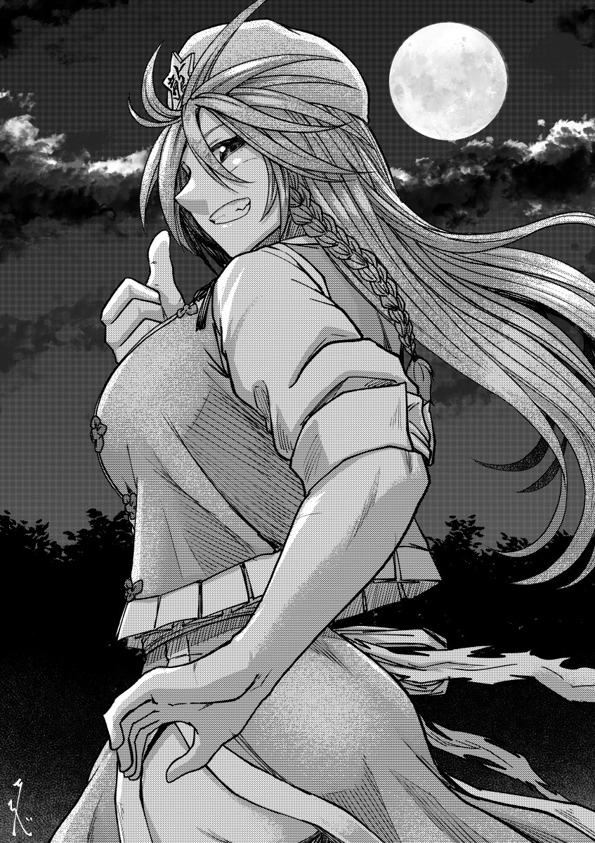 koyubi (littlefinger1988), hong meiling, touhou, highres, 1girl, braid, china dress, chinese clothes, cloud, dark cloud, dress, frilled vest, frills, from side, greyscale, long hair, looking at viewer, monochrome, moon, night, outdoors, sleeves rolled up, smile, solo, thumbs up, tree, twin braids, vest