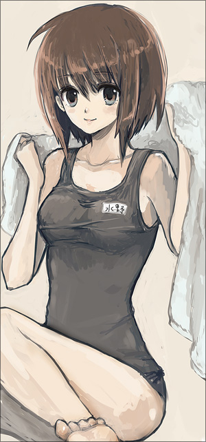 leche, 1girl, black one-piece swimsuit, female focus, name tag, one-piece swimsuit, school swimsuit, solo, swimsuit, towel