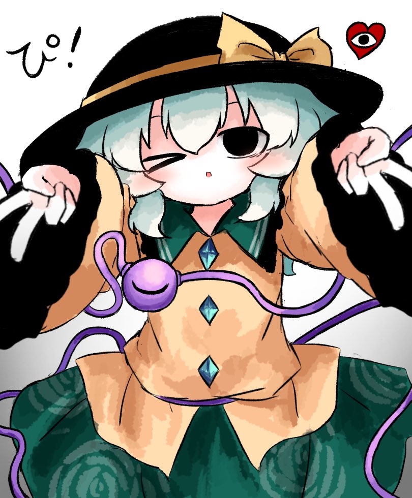 heripantomorrow, komeiji koishi, touhou, 1girl, black hat, double v, floral print, floral print skirt, green hair, green skirt, hat, heart, looking at viewer, one eye closed, print skirt, rose print, shirt, short hair, skirt, solo, third eye, v, wide sleeves, yellow shirt