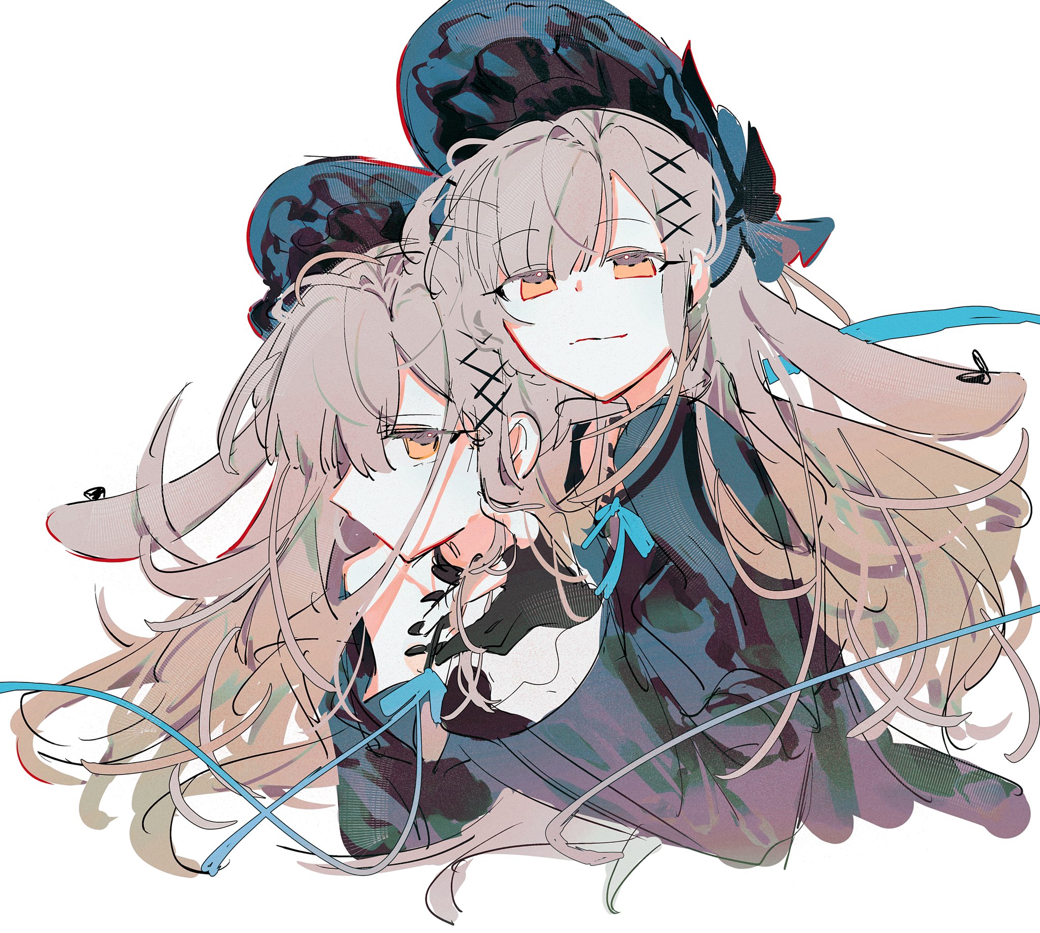ria liaa, mortis (bang dream!), mortis (persona) (bang dream!), wakaba mutsumi, arknights, bang dream!, bang dream! it's mygo!!!!!, commentary, hashtag-only commentary, highres, 2girls, animal ears, black bonnet, bonnet, closed mouth, dual persona, floppy ears, hair ornament, lolita fashion, long hair, long sleeves, looking at viewer, multiple girls, official alternate costume, profile, rabbit ears, rabbit girl, sidelocks, simple background, smile, upper body, wakaba mutsumi (marionette's id), white background, x hair ornament, yellow eyes
