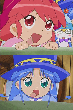 fine (futagohime), pumo, rein (futagohime), fushigiboshi no futago hime, animated, animated gif, anime screenshot, lowres, 00s, 2girls, blue dress, blue hair, blue hat, blush, dress, hat, heart, long hair, multiple girls, open mouth, pink dress, red eyes, red hair, red hat, siblings, sisters, smile, tongue, twins, witch, witch hat