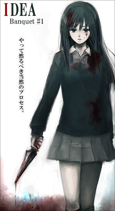 leche, atlus, persona, persona rapture, 1girl, blood, collared shirt, dagger, female focus, grey skirt, holding, holding weapon, knife, long sleeves, looking at viewer, pleated skirt, shirt, simple background, skirt, solo, standing, sweater, weapon, white background, white shirt
