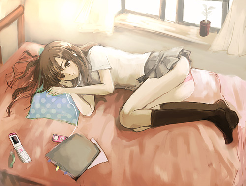 leche, atlus, persona, persona rapture, lowres, bed, cellphone, digital media player, earbuds, earphones, headphones, ipod, panties, phone, pillow, plant, solo, underwear, window